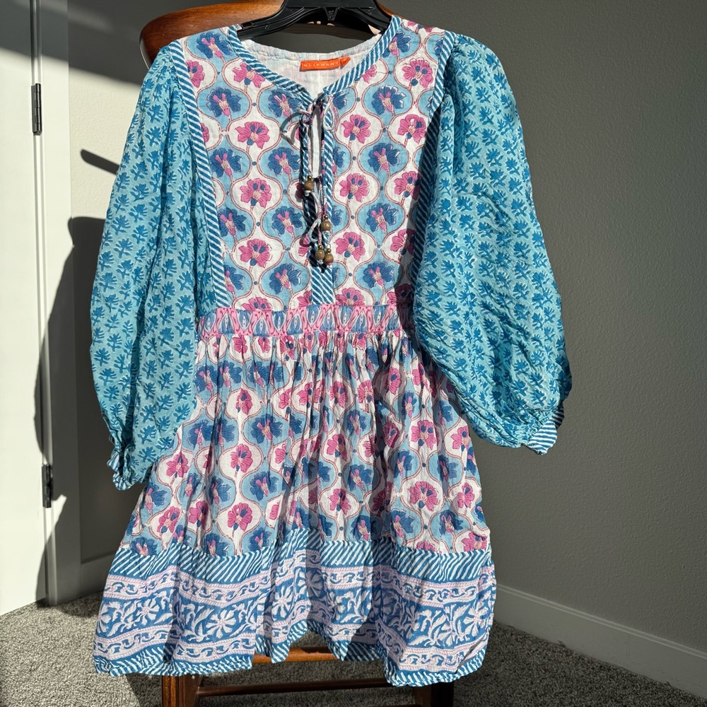 Oliphant India Cotton Ballon Sleeve Boho Mini Dress Size S Blue Pink Floral - Picture 2 of 13
